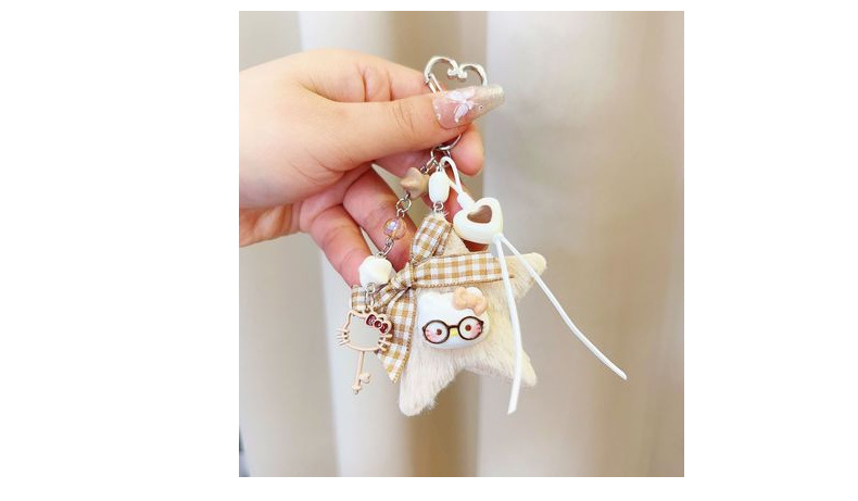 原创新款卡通五角星包挂咖色系猫咪钥匙扣百搭手工编织包挂件批发详情8