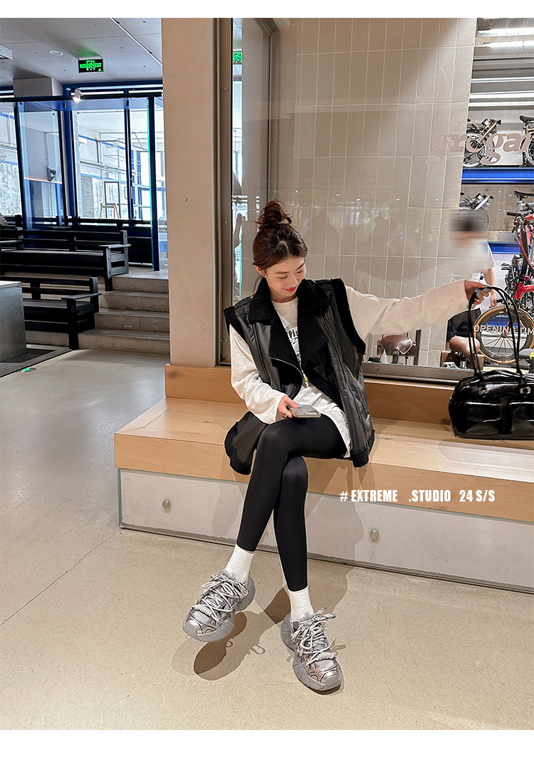 葡萄妈同款 画报女孩 时髦双鞋带网面拼接厚底增高老爹鞋女真皮详情67