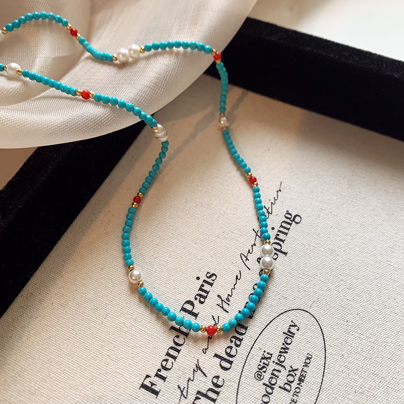 新中式优化绿松石红玛瑙串珠施家珍珠项链小众法式复古轻奢锁骨链详情4