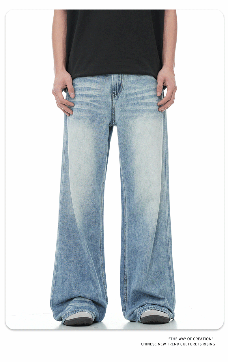 11KN American sunny blue soft jeans for men and women, retro cat whiskers washed for slimming, three-dimensional drape, loose and casual trousers pic 9