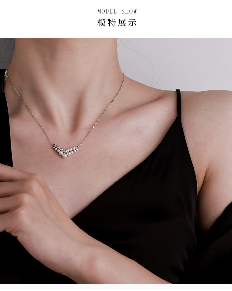 Zhuoheng Select 925 sterling silver freshwater pearl necklace, small V-shaped diamond-encrusted collarbone chain, high-end, light luxury and fashionable necklace pic 3