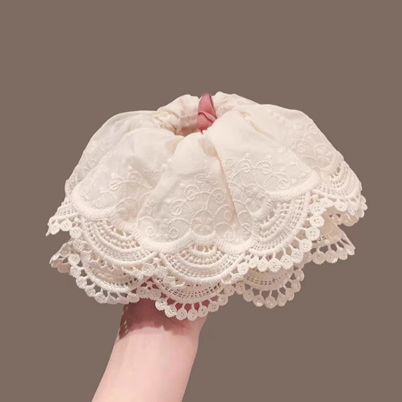 Korean-style large intestine hair band with a high-end feel, a large beige double-layer lace large intestine hair band at the back of the head, a ponytail hair band pic 1