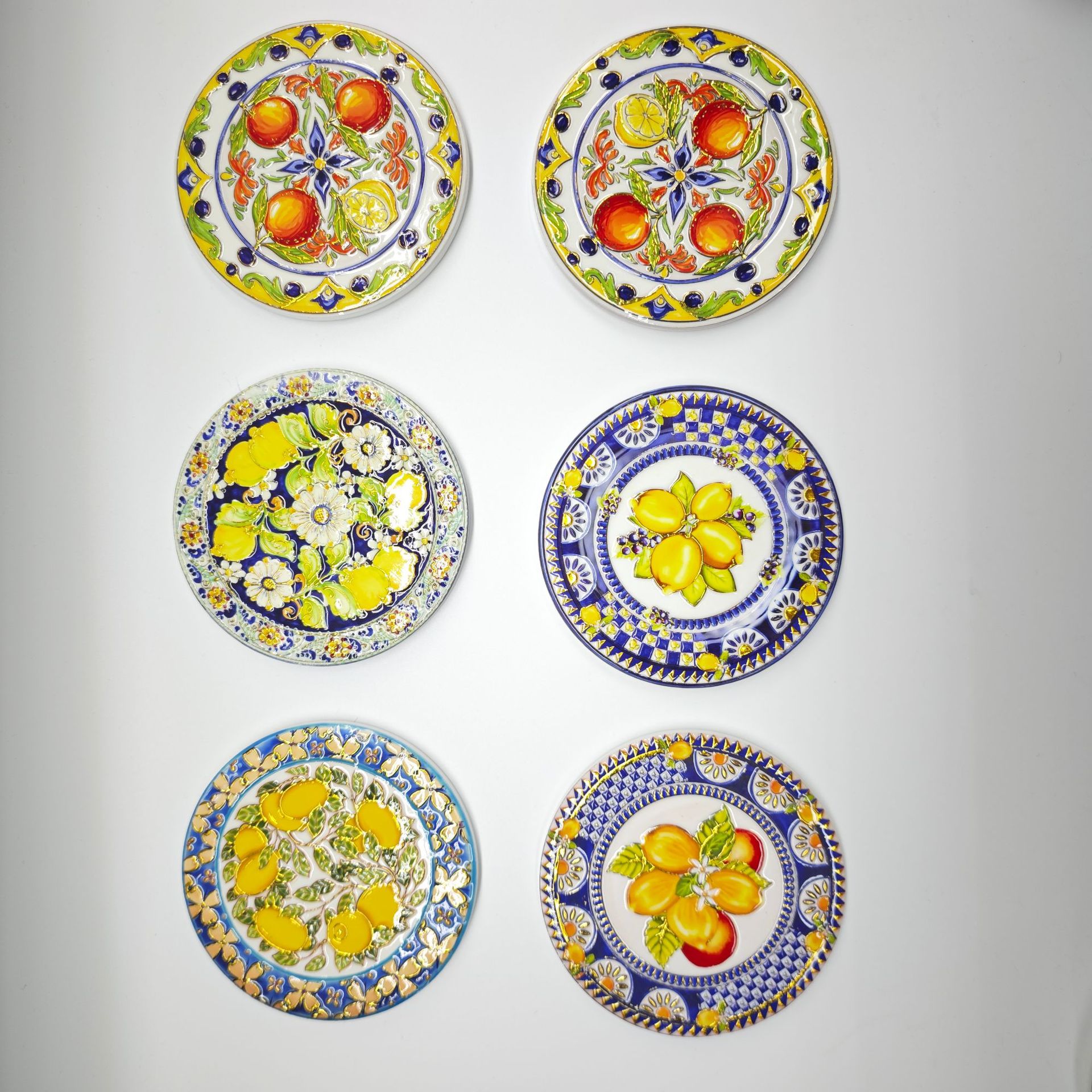 Cross-border round fruit lemon ceramic coasters, 3D gilded embossed process coasters, home decoration, heat insulation and waterproof pic 1
