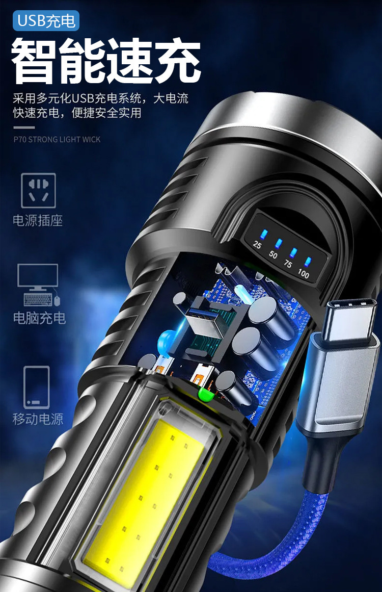 厂家直销强光远射LED手电筒 多功能侧灯COB应急救援户外工 作手电详情6