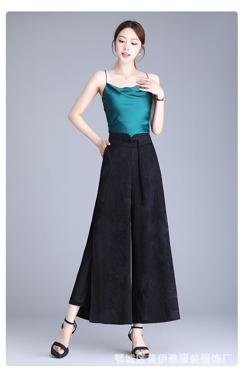 国潮新中式开叉提花冰丝阔腿裤女夏季薄款高腰垂感宽松妈妈休闲裤裙裤国潮详情15