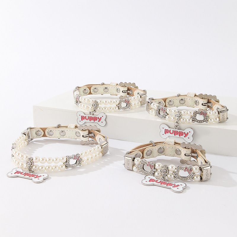 New pet beaded large bone pendant collar, small cat and dog simulation pearl water diamond cat head beaded cat chain necklaces pic 4