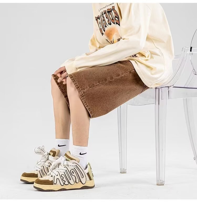 FUIV 夏季港风大码贴标牛仔裤短裤嘻哈ins潮男外贸宽松情侣五分裤 pic 2