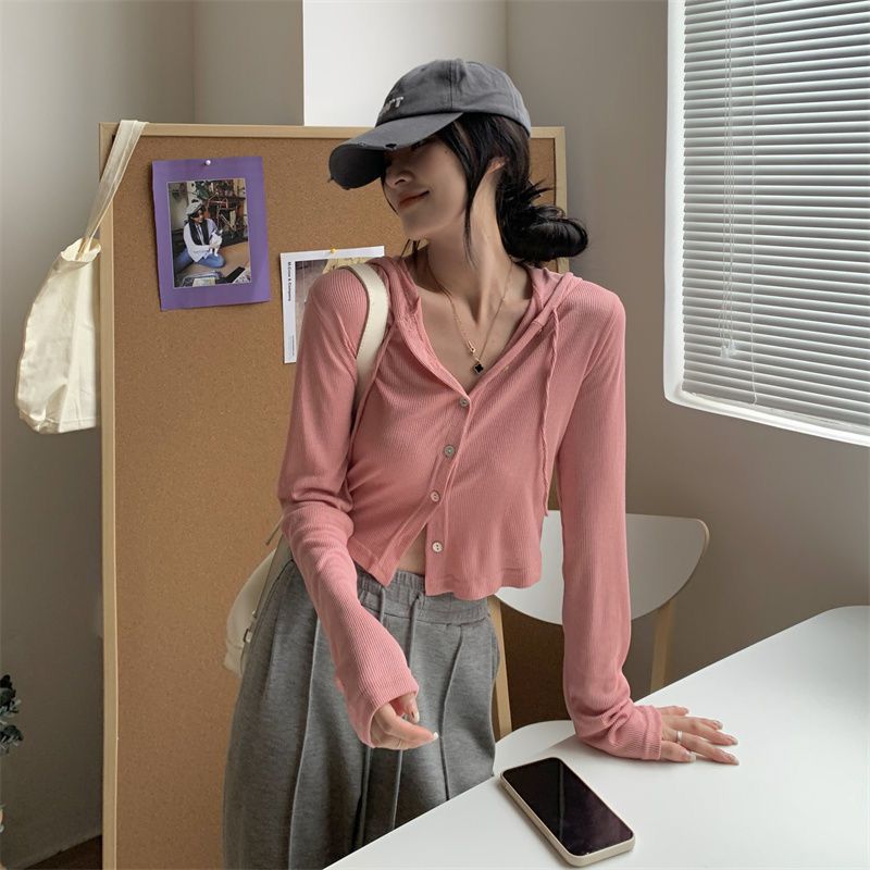 软糯连帽长袖开衫短外套女2023新款秋季懒惰风修身短款打底衫上衣详情25