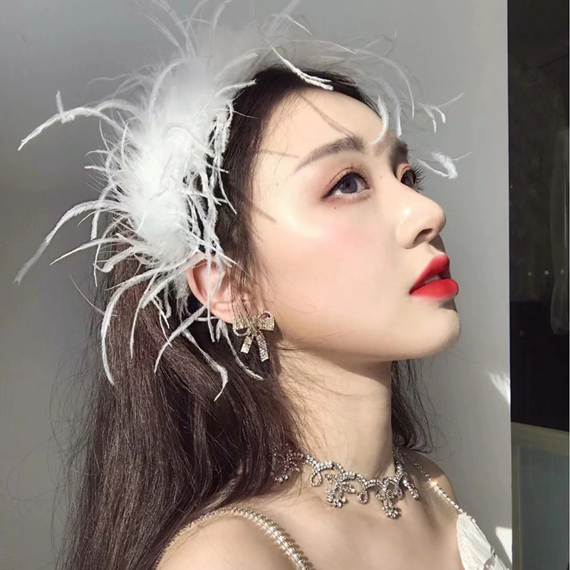 森系新款黑白色羽毛发箍网红气质鸵鸟毛头箍高级感头饰发卡批发详情14