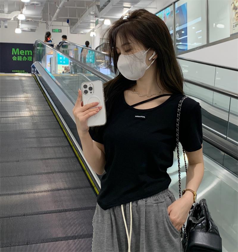 不规则设计感短袖T恤女夏季韩版2023新款辣妹风欲白色打底上衣详情6
