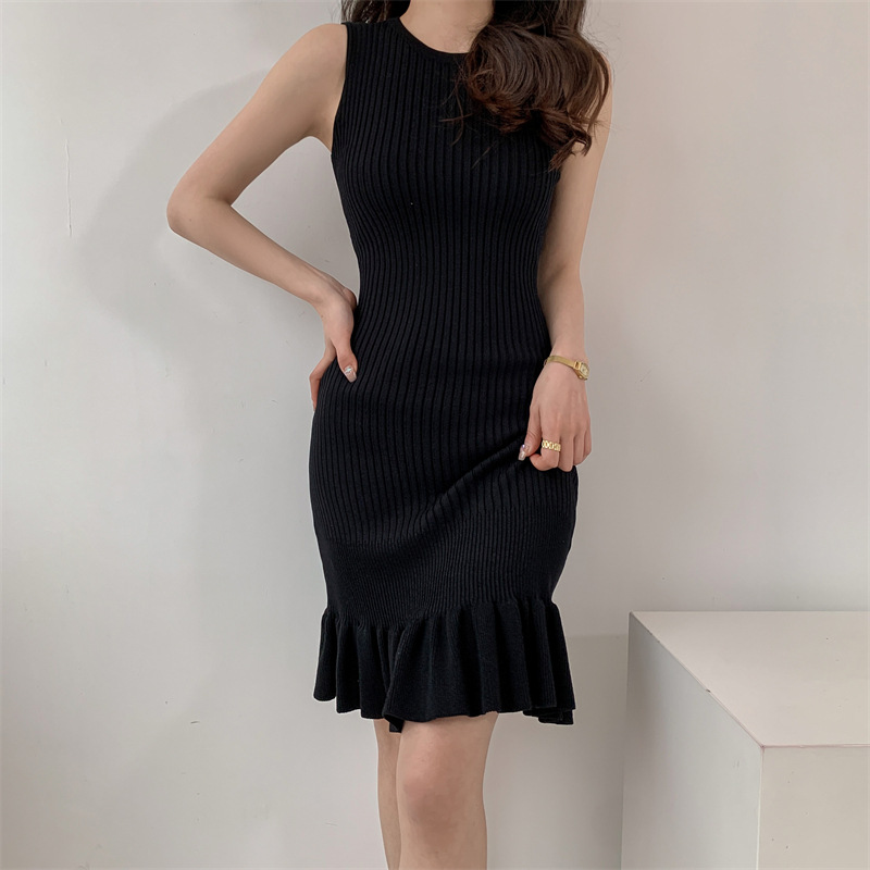 Fashionable fishtail ruffled knitted dress for women, sleeveless and slimming, mid-length, short and form-fitting vest dress pic 9