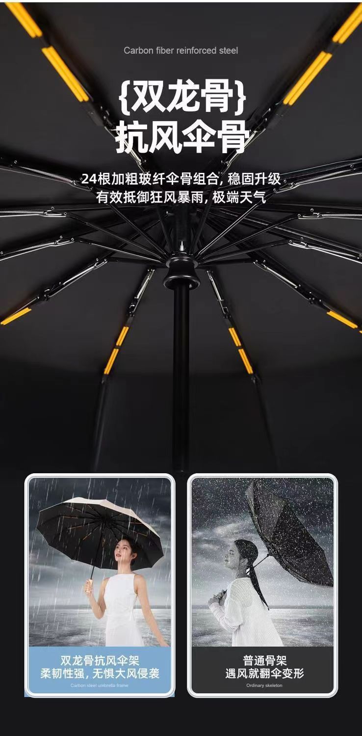 24骨全自动折叠伞黑胶遮阳防晒太阳伞男晴雨两用三折广告雨伞定制详情11