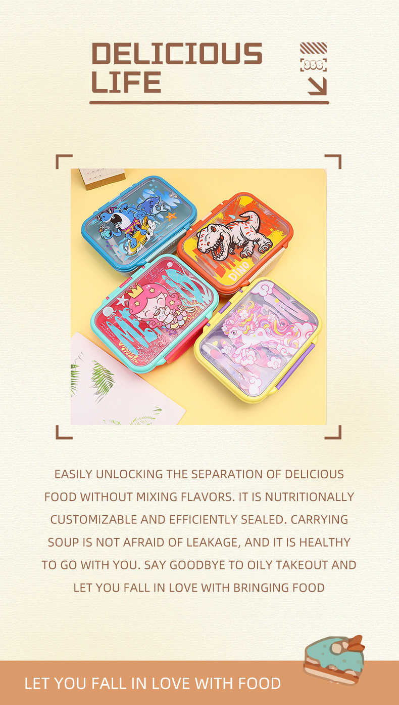 跨境新款食品级塑料饭盒儿童卡通可爱午餐盒学生分格密封便当盒详情3