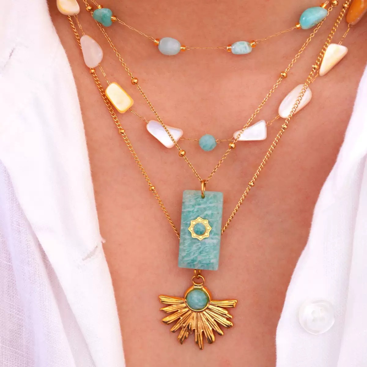 跨境ins时尚轻奢蓝色系列天河石不锈钢14K金项链简约高级手工项链详情5