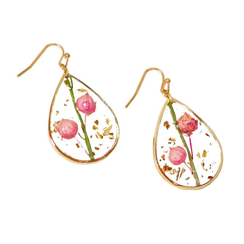 日韩清新甜美滴胶树叶永生花耳环 优雅精致水滴形红干花高级耳饰详情17