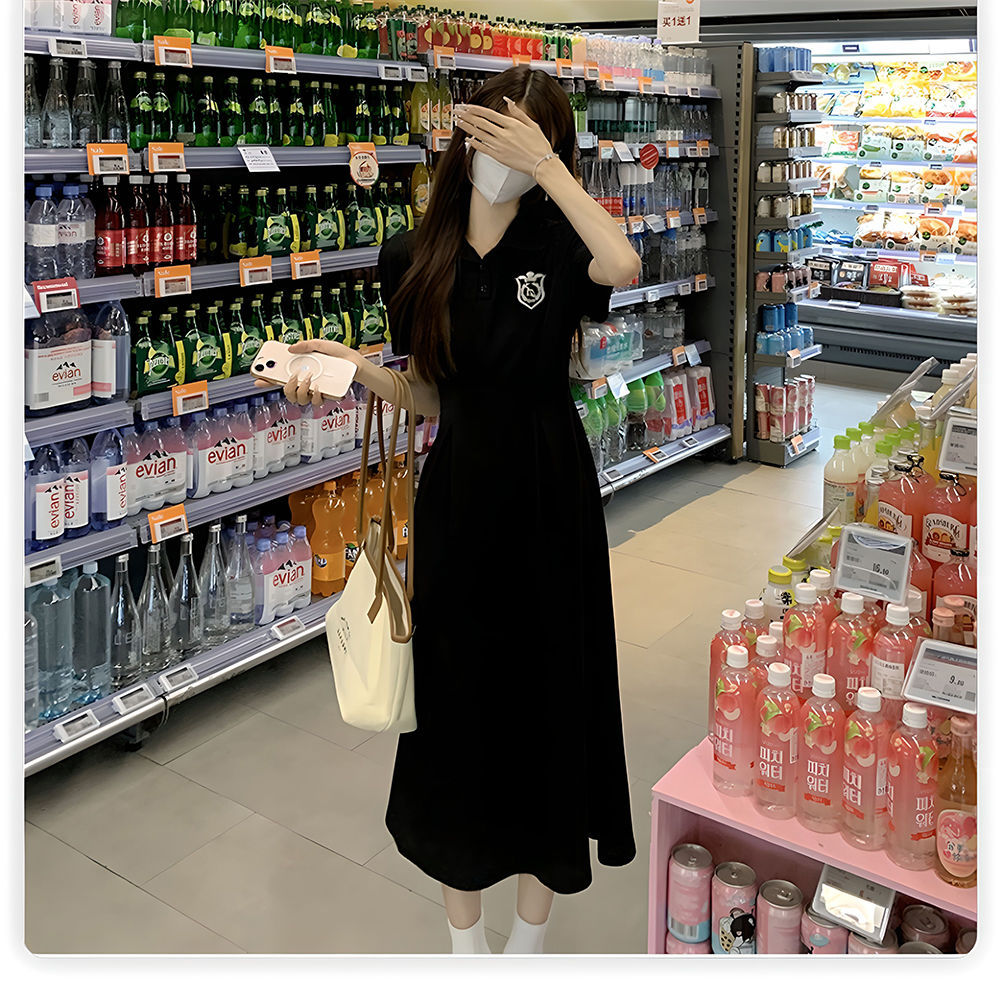 夏季POLO领短袖连衣裙女收腰显瘦过膝长裙学院风中长款休闲A字裙详情27