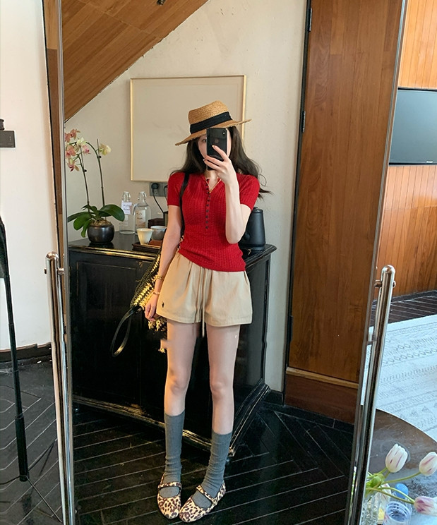 随性老钱风！夏季新款纯色短袖修身针织衫女简约v领红色上衣t恤详情7