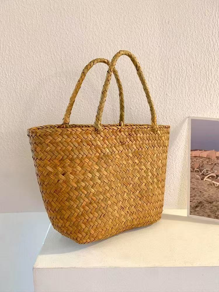 网红款编织手提包小众女包旅游度假小清新凹造型手工草编收纳详情5