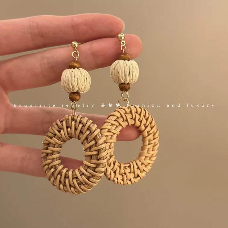 耳环度假风网红耳坠海边耳勾ins夏天新款拉菲草编手编藤编耳饰女详情23