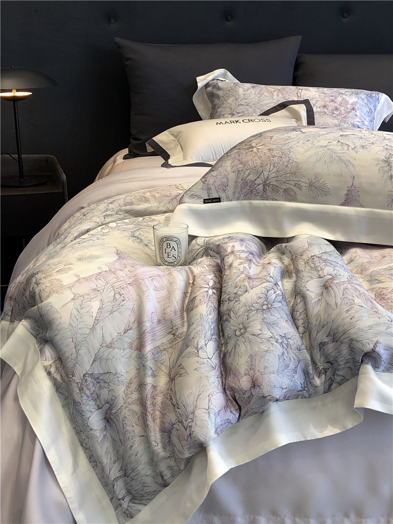 Cool ultra-fine denier Tencel summer light and cool condensation filament four-piece set, elegant printed sweat-absorbing nude bedding pic 58