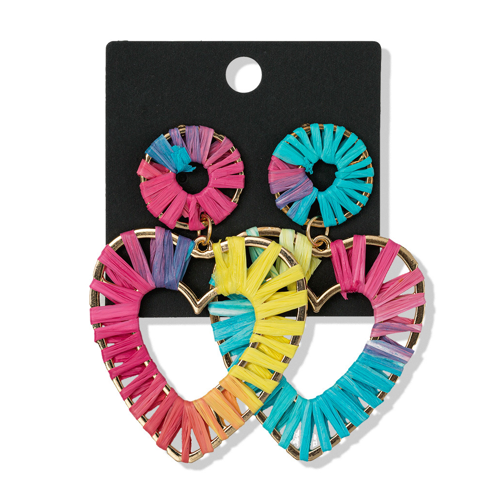 厂家直供欧美潮流气质拉菲草手工编织夸张爱心长款度假风耳环女饰品耳饰详情5
