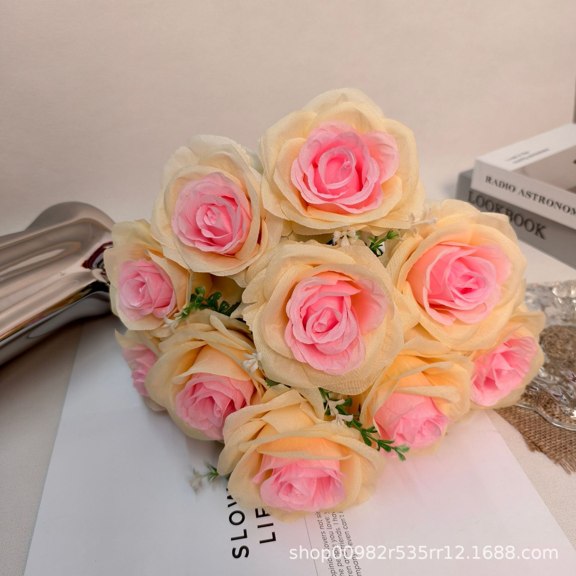 厂家批发10头玫瑰仿真花婚庆婚礼堂装饰玫瑰花假花外贸跨境西洋玫详情12