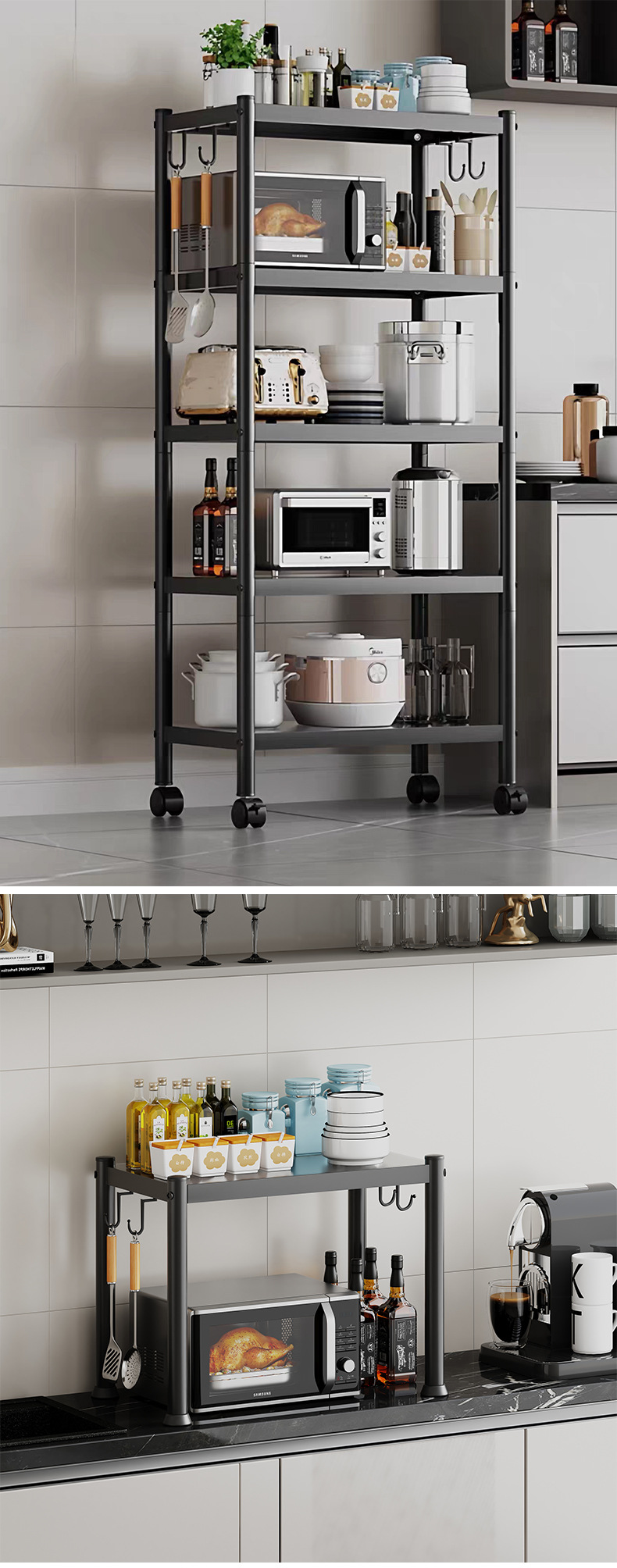 跨境厨房置物架厂家两层面包储物柜家用金属多层带轮子移动置物架详情9