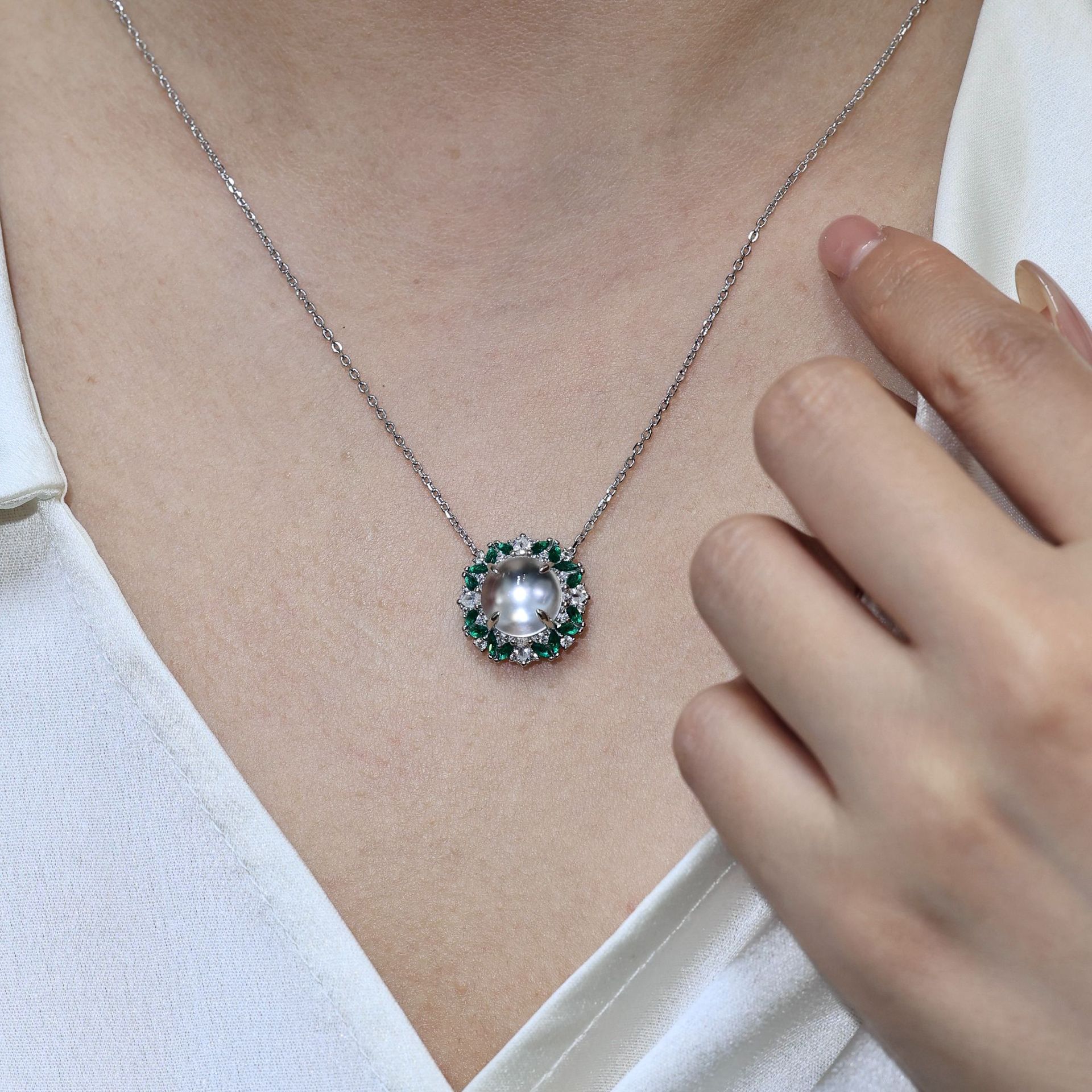 新中式国风蛋面天然水沫玉项链戒指套装S925银祖母绿宝石吊坠饰品礼盒详情6