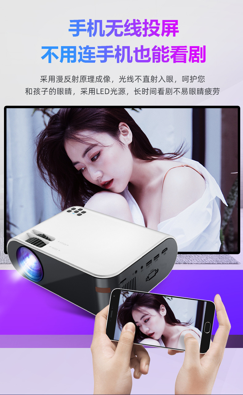 新款跨境W18家用办公高清720P手机WiFi无线同屏投影仪便携式投墙详情6