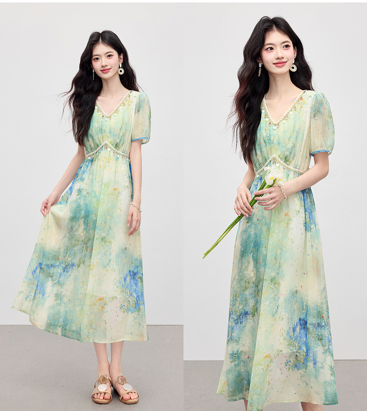 贝壳亮片织带收腰油画晕染裙子女夏小众设计显瘦飘逸波嬉风长裙详情7