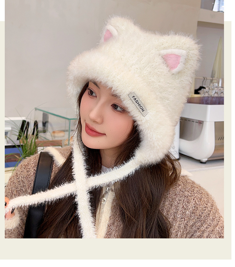 Brand [Sondona] Woolen hat, suitable for all ages, new winter style for women, cartoon and cute little cat, knitted woolen faux rabbit fur, warm ear-protecting hood pic 23
