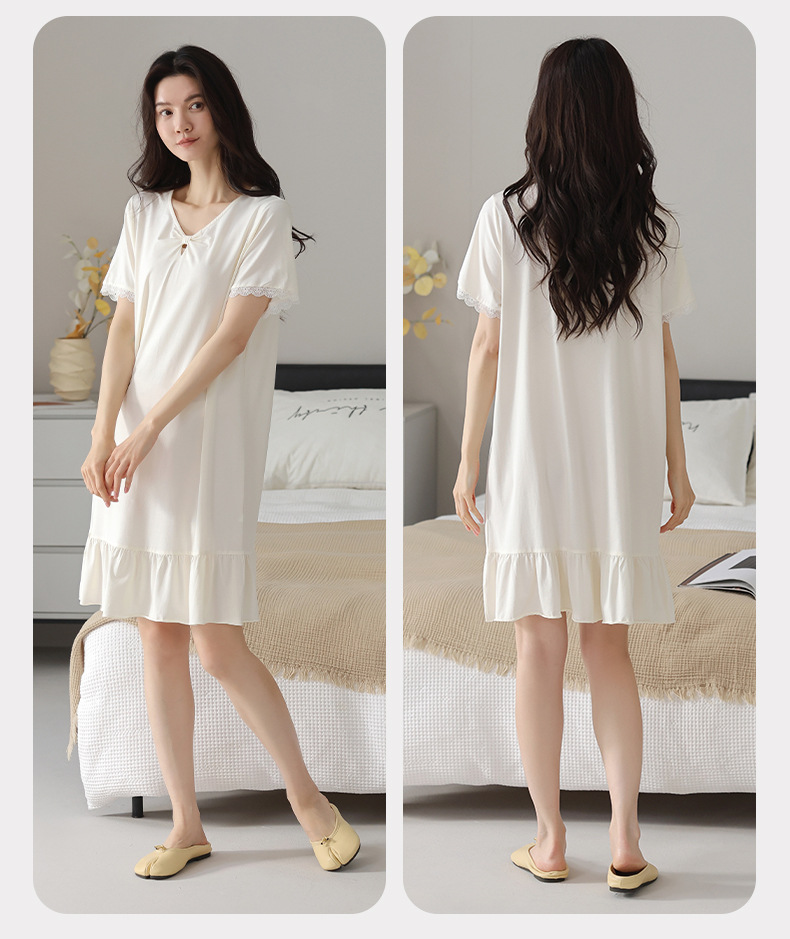 A light short-sleeved casual summer dress with a chest cushion for women. It can be worn as a mid-length skirt. It is made of modal cotton for summer home wear pic 20