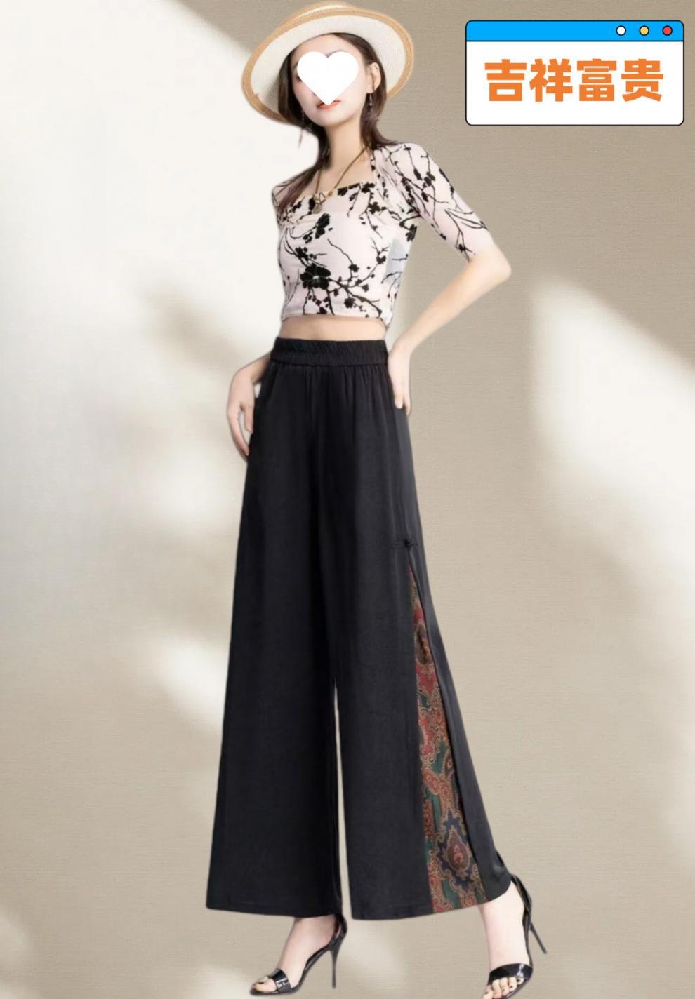 国潮【古风古韵阔腿裤】夏季新款中国风裙裤女高腰薄款绣花开叉阔腿裤详情4