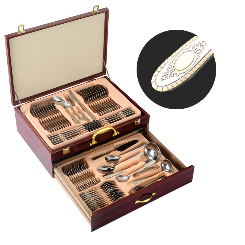 72-piece Western tableware set, 84-piece set, gold-plated Gong Yan stainless steel knife, fork and spoon gift box, wooden box pic 3