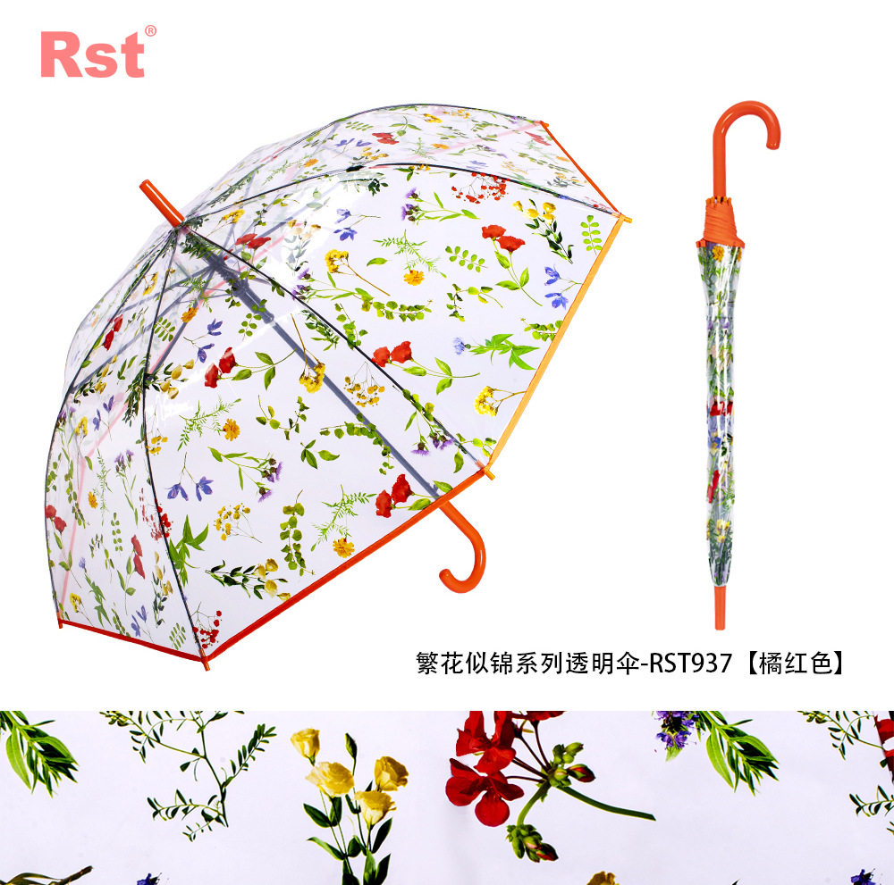 RST新品透明伞带图案富贵花朵成人塑料雨伞批发自动开彩色印刷伞详情12