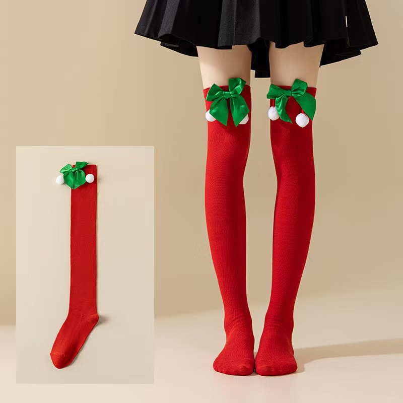 跨境圣诞节过膝袜蝴蝶结毛球长筒袜条纹袜圣诞绿白斜条纹长筒袜详情25