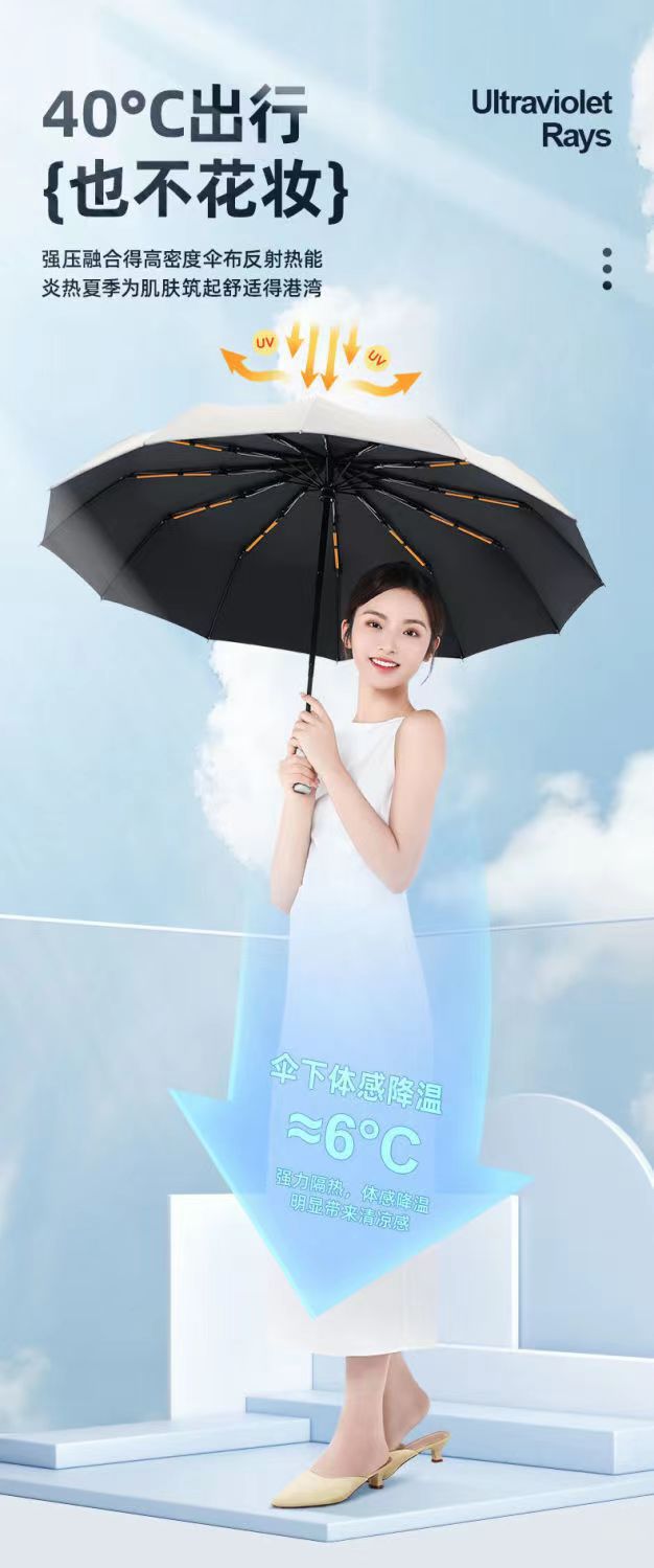24骨全自动折叠伞黑胶遮阳防晒太阳伞男晴雨两用三折广告雨伞定制详情4