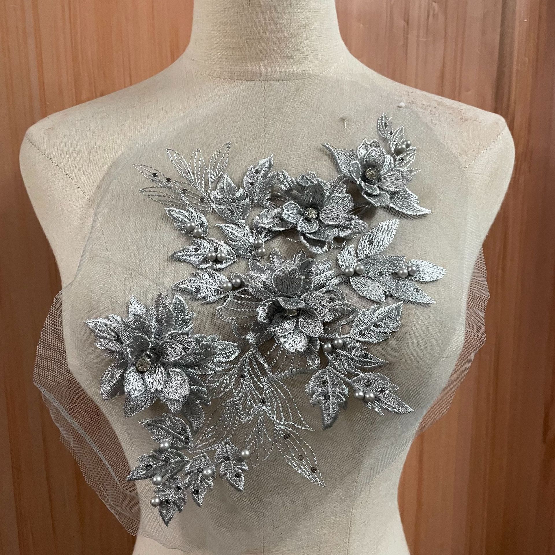 New lace three-dimensional flower fabric applique clothing accessories, hand-stitched diamond decorative applique DIY Hanfu collar flower pic 4