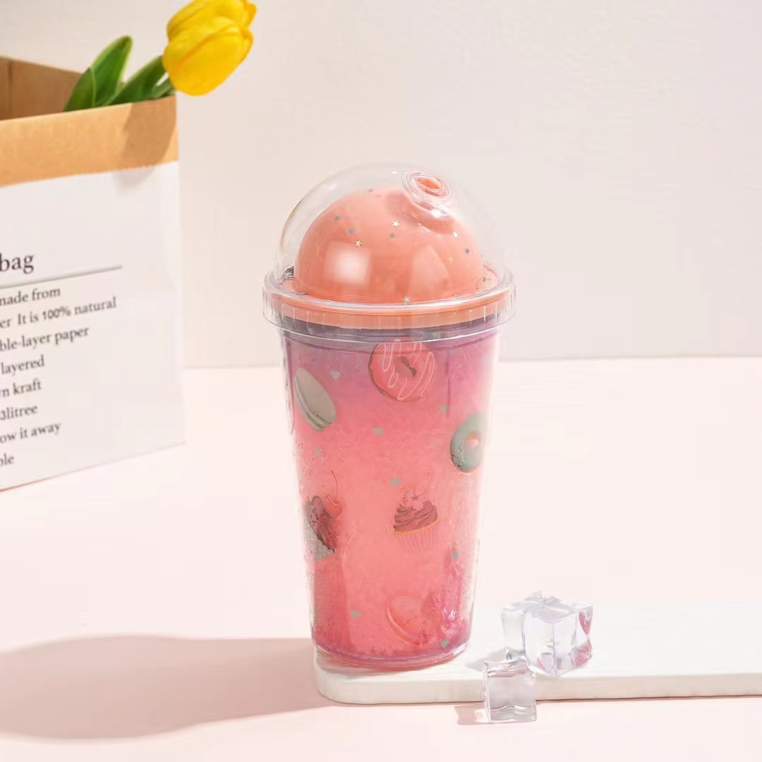 跨境爆款双层吸管杯冰淇淋便携卡通塑料杯少女心夏日碎冰杯详情2