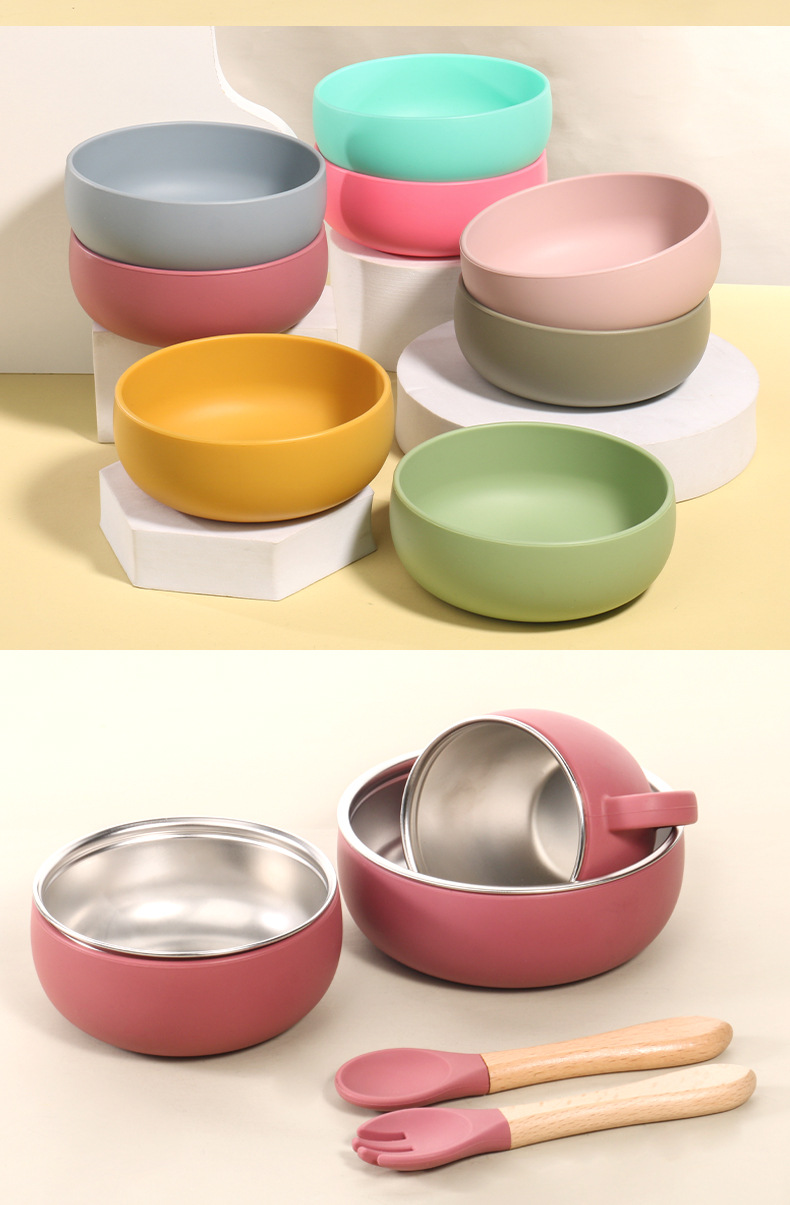 跨境新品儿童不锈钢创意辅食碗 宝宝餐具套装熊 喂养餐具 食品级硅胶婴儿餐具 安全健康易清洗详情7