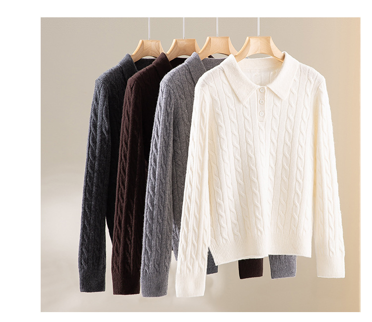 The new autumn and winter style lapel 100% wool cardigan with pit stripes and shell buckles is a versatile sweater for women pic 8