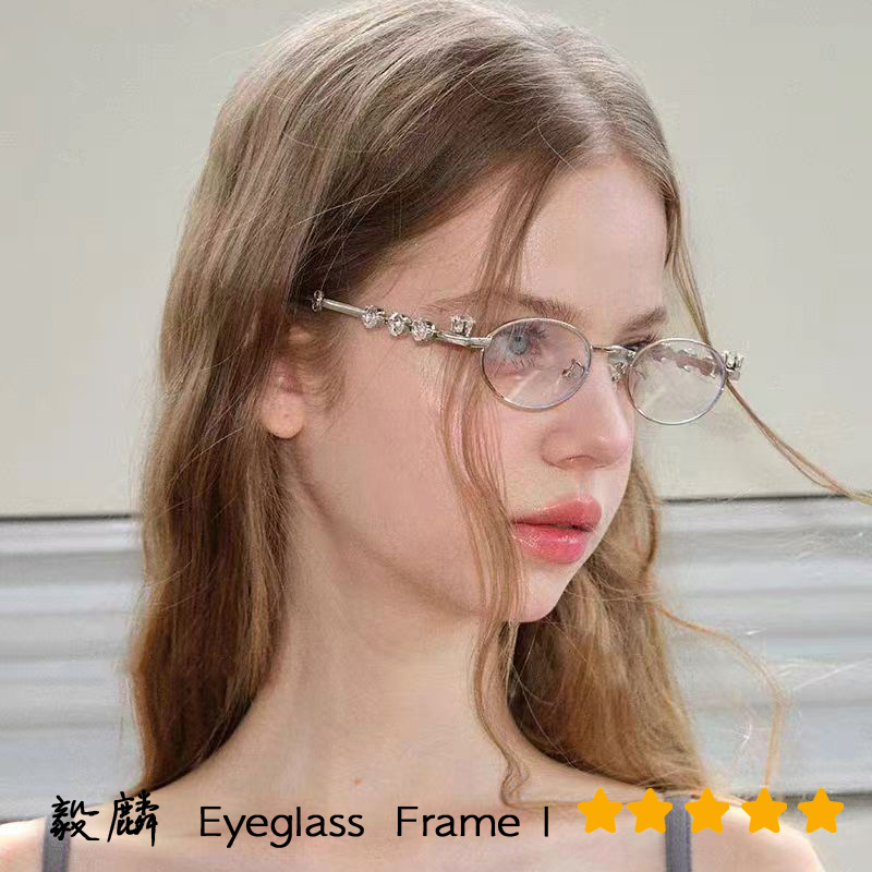 Metal diamond-encrusted oval small frame glasses, ins style cross-border resin anti-blue light glasses, water diamond plain y2k sunglasses pic 2