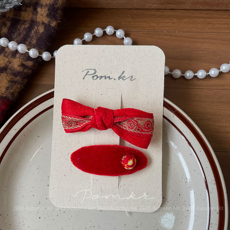 新款韩版布艺红色系蝴蝶结发夹手工儿童侧边碎发刘海夹新年款发饰红系毛呢亮片发夹 蝴蝶结猫蝶雪人装饰 少女秋冬精致女孩头饰详情5