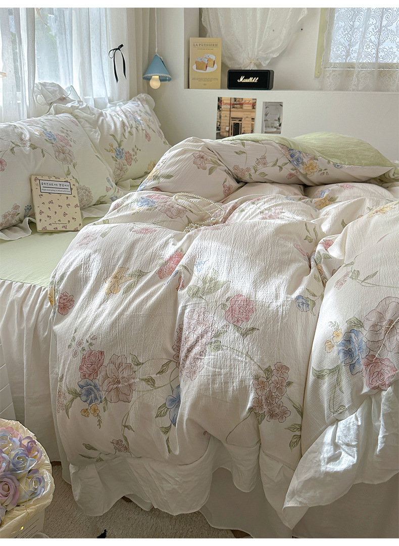 French romantic princess-style lace washed cotton four-piece set, small floral skin-friendly quilt cover, dormitory three-piece set, bed skirt style pic 45