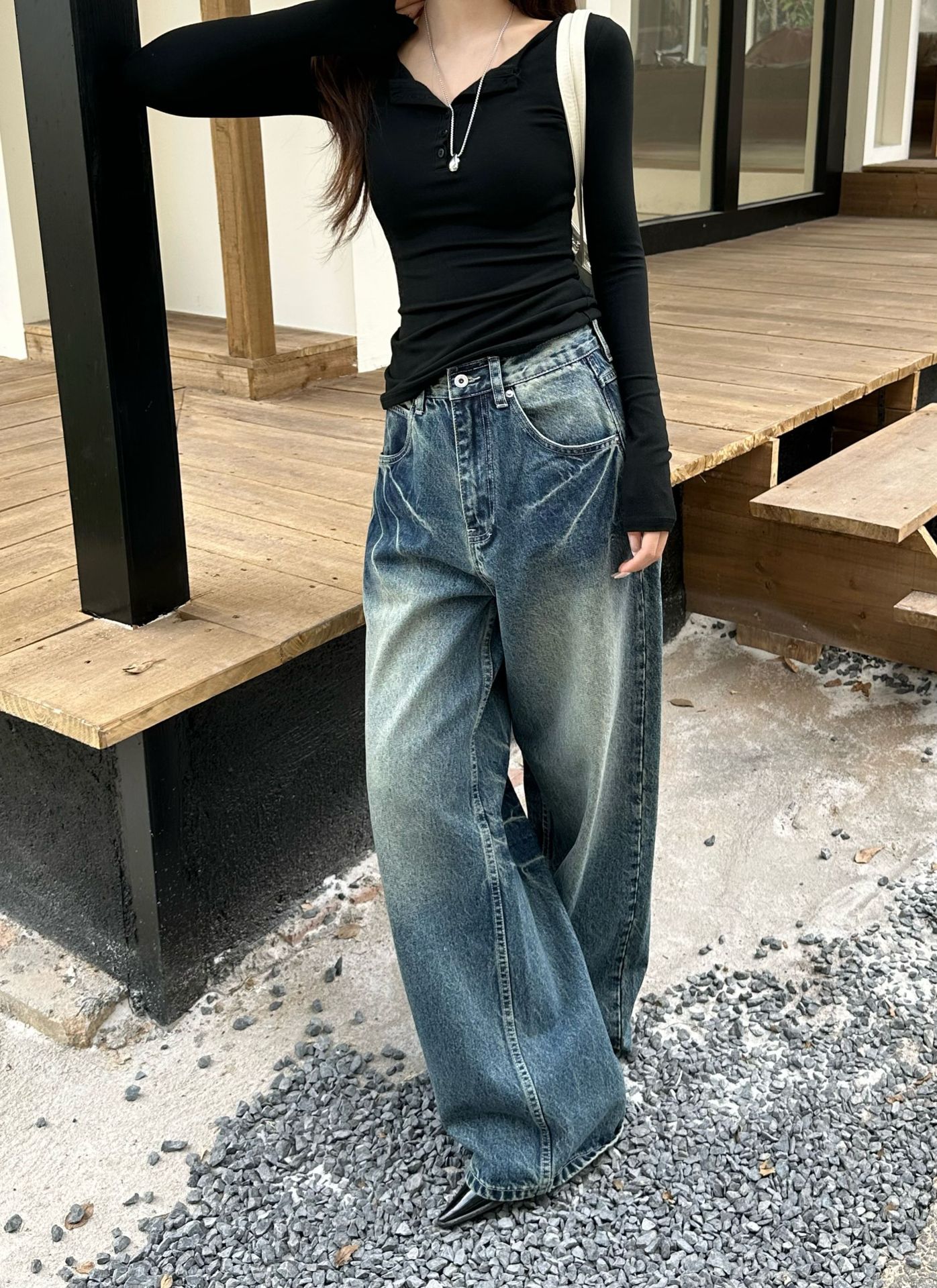 陆晟闪电纹做旧阔腿牛仔裤男女潮流美式复古水洗街头风休闲裤子潮详情12