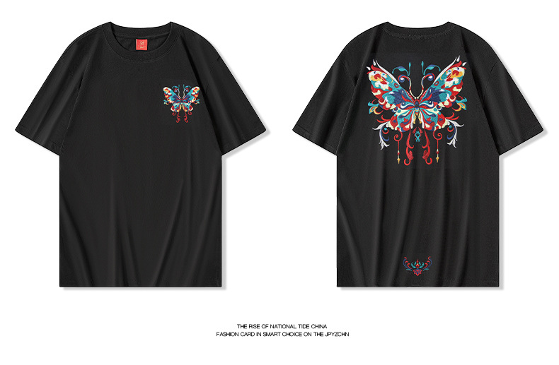 2025 New national trend short-sleeved T-shirt with butterfly embroidery, Chinese style, round neck, pure cotton loose, heavy half-sleeve pic 15