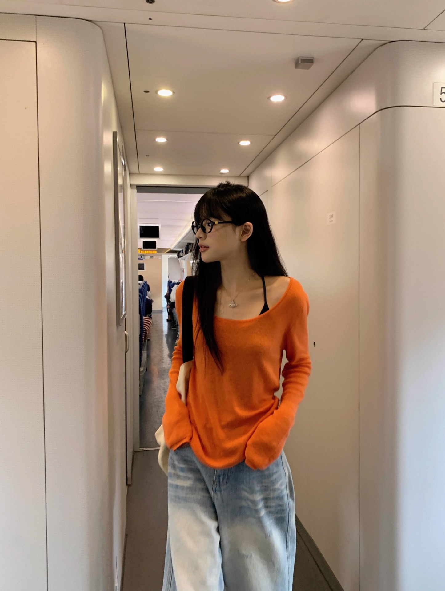 2025夏纯欲橘色薄款长袖防晒罩衫T恤女夏季辣妹宽松休闲露肩上衣详情14
