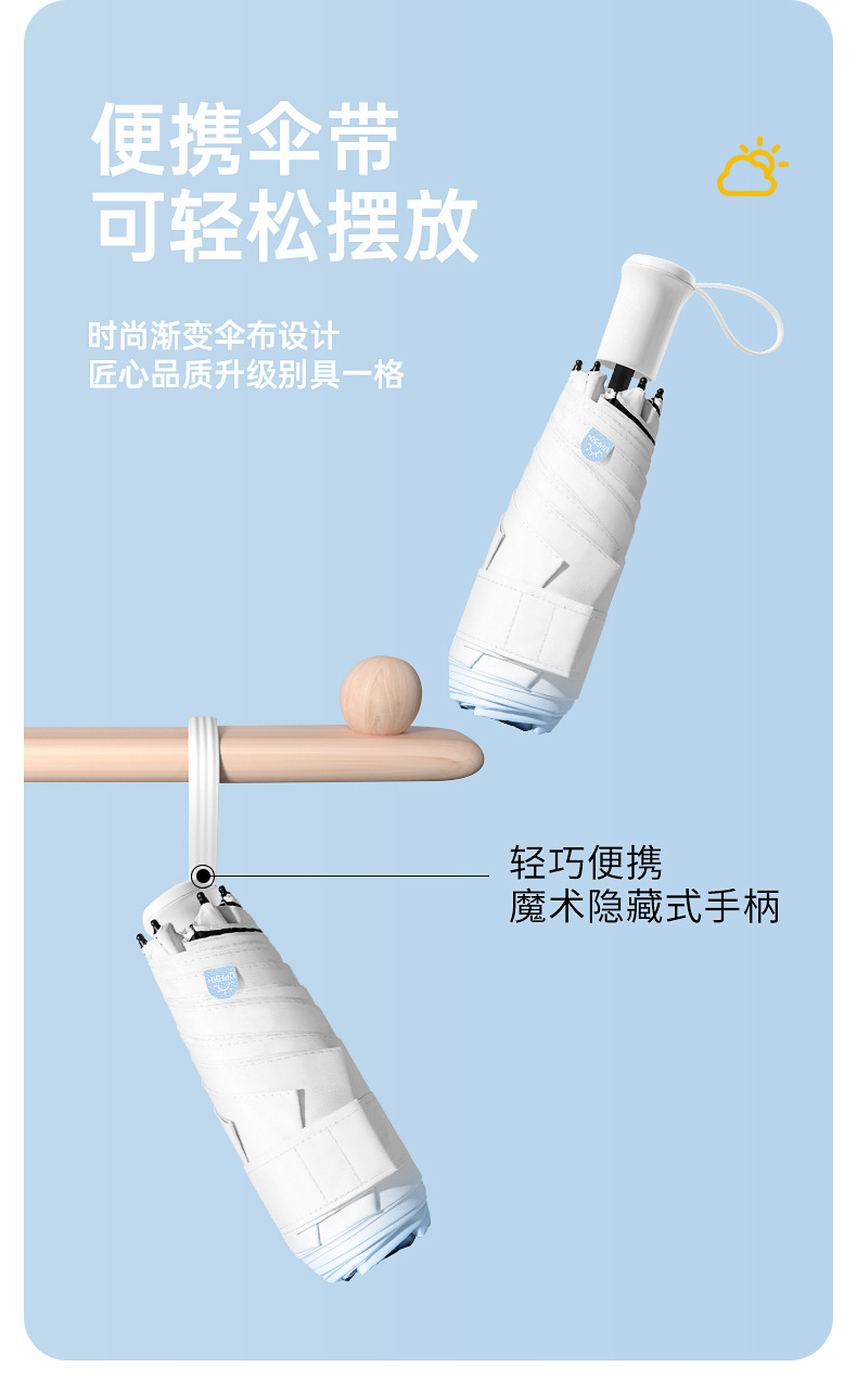 新款五折六骨手开黑胶面料遮阳伞伸缩手柄渐变色晴雨两用一件代发详情16