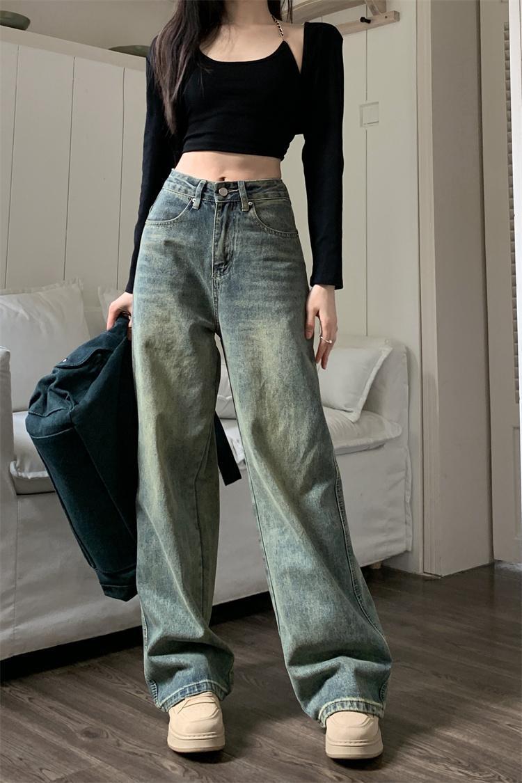 韩版直筒牛仔裤女春秋外穿梨形休闲怀旧复古拖地宽松美式阔腿长裤详情2