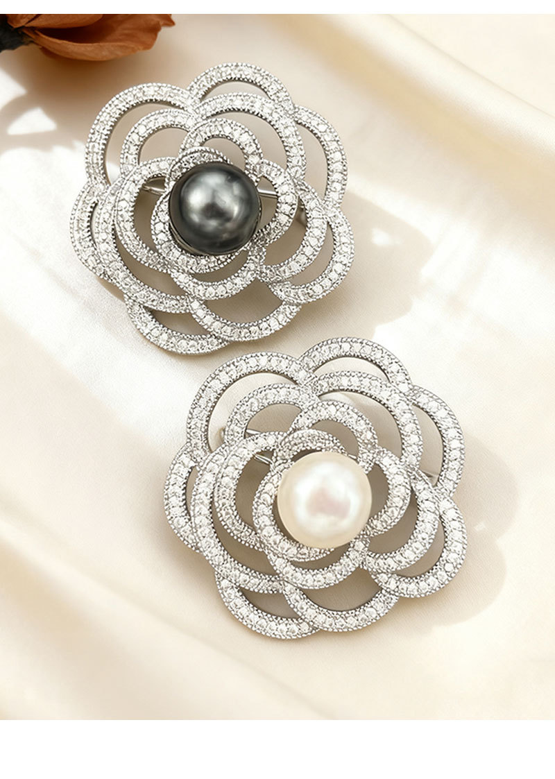 A light luxury and elegant camellia brooch with a high-end feel. It features a copper alloy freshwater pearl inlaid with zircon and a three-dimensional hollowed-out brooch pic 13
